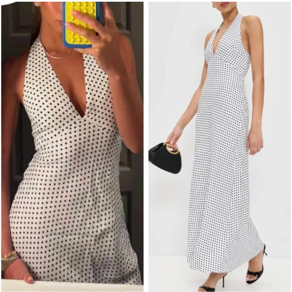 BEST Reformation Delilah Linen Maxi Dress Sz6 Eclipse Dot Polka Vacation Halter